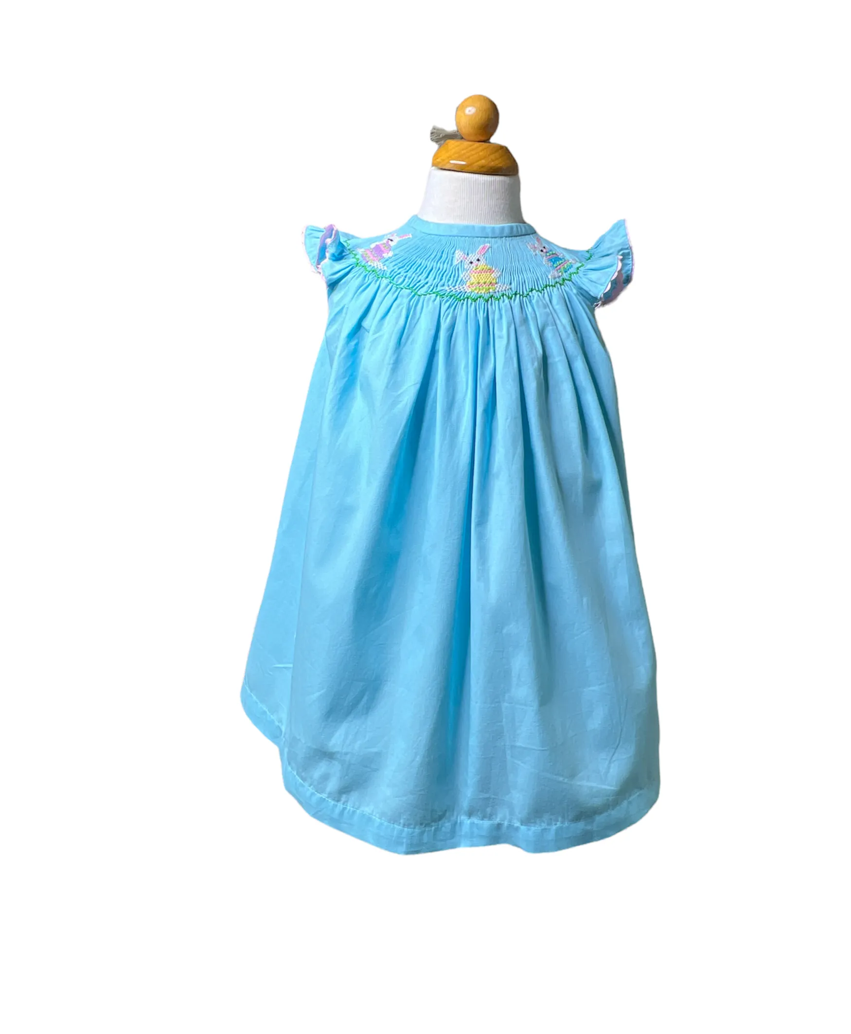 Easter solid blue three bunnies smocked dress