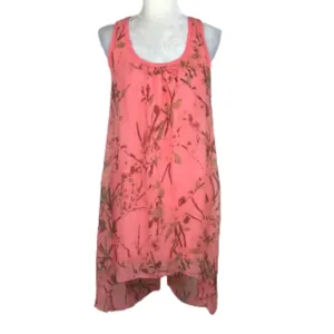 Eiki Italian Silk Floral Sleeveless Sheer Shift Coral Dress Size Large