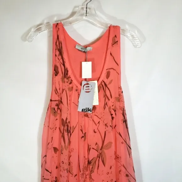 Eiki Italian Silk Floral Sleeveless Sheer Shift Coral Dress Size Large