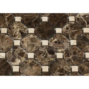 Emperador Dark Spanish Marble Octagon Mosaic Tile with Crema Marfil Marble Dots, Polished