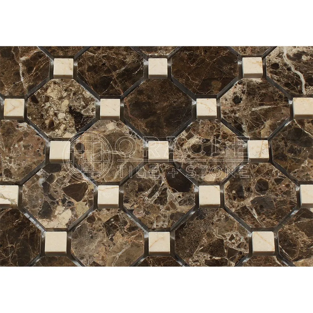 Emperador Dark Spanish Marble Octagon Mosaic Tile with Crema Marfil Marble Dots, Polished