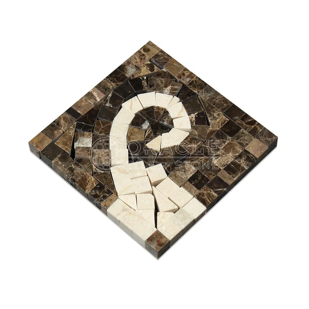 Emperador Dark Spanish Marble Wave Border Corner with Crema Marfil Marble, Polished