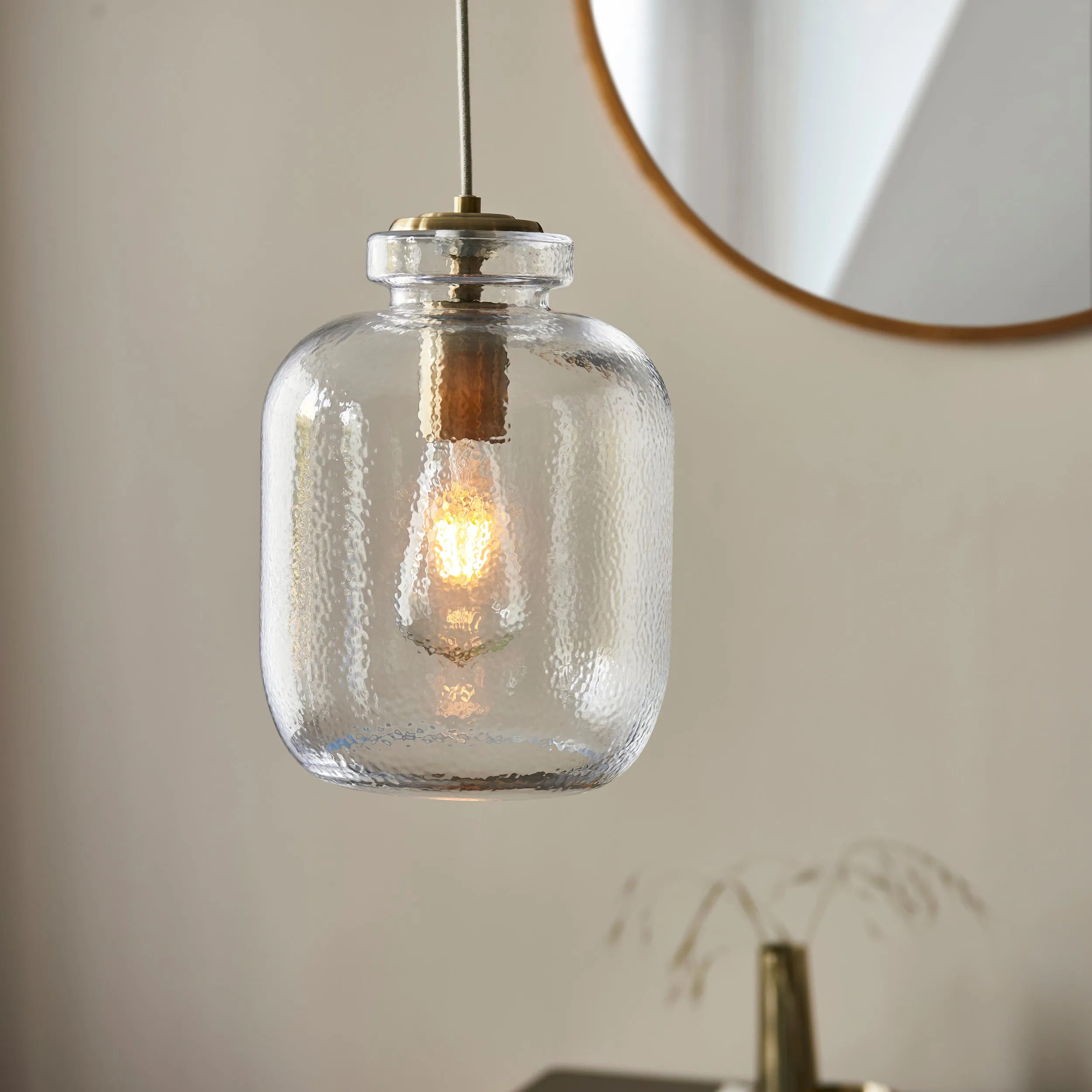 Endon 106923 Lyra 1lt Pendant Clear textured glass & antique brass plate 10W LED E27 (Required)