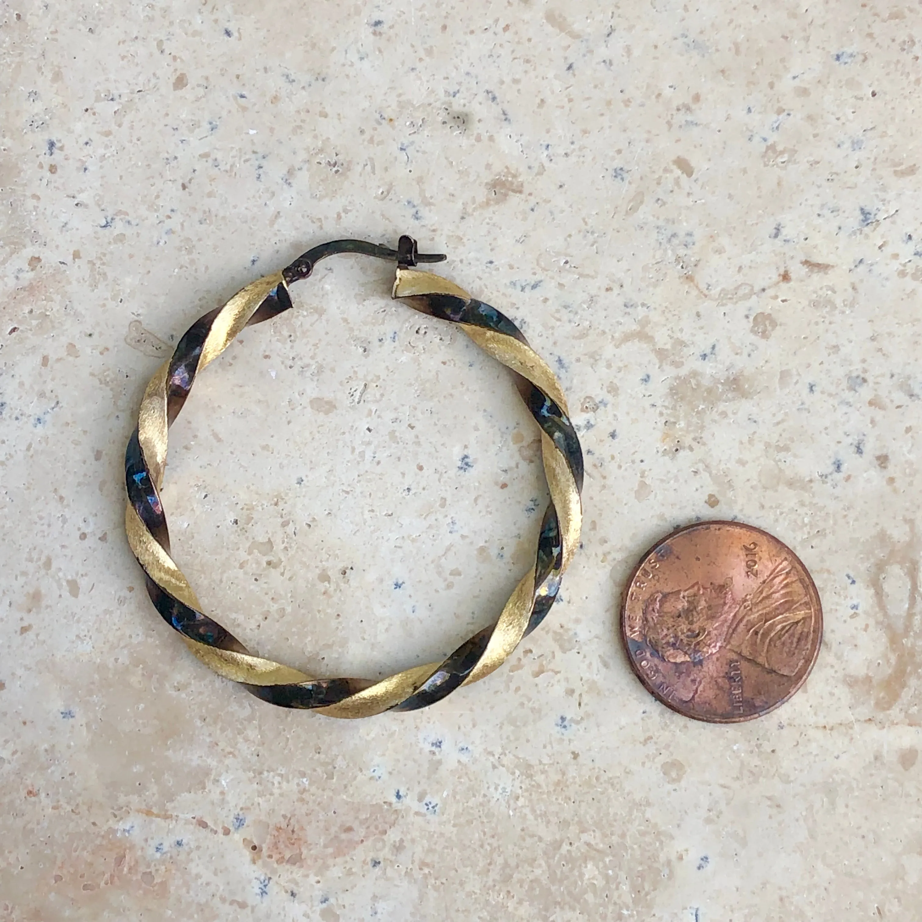 Estate 14KT Yellow Gold   Chocolate Gold Twist Swirl Hoop Earrings 44mm