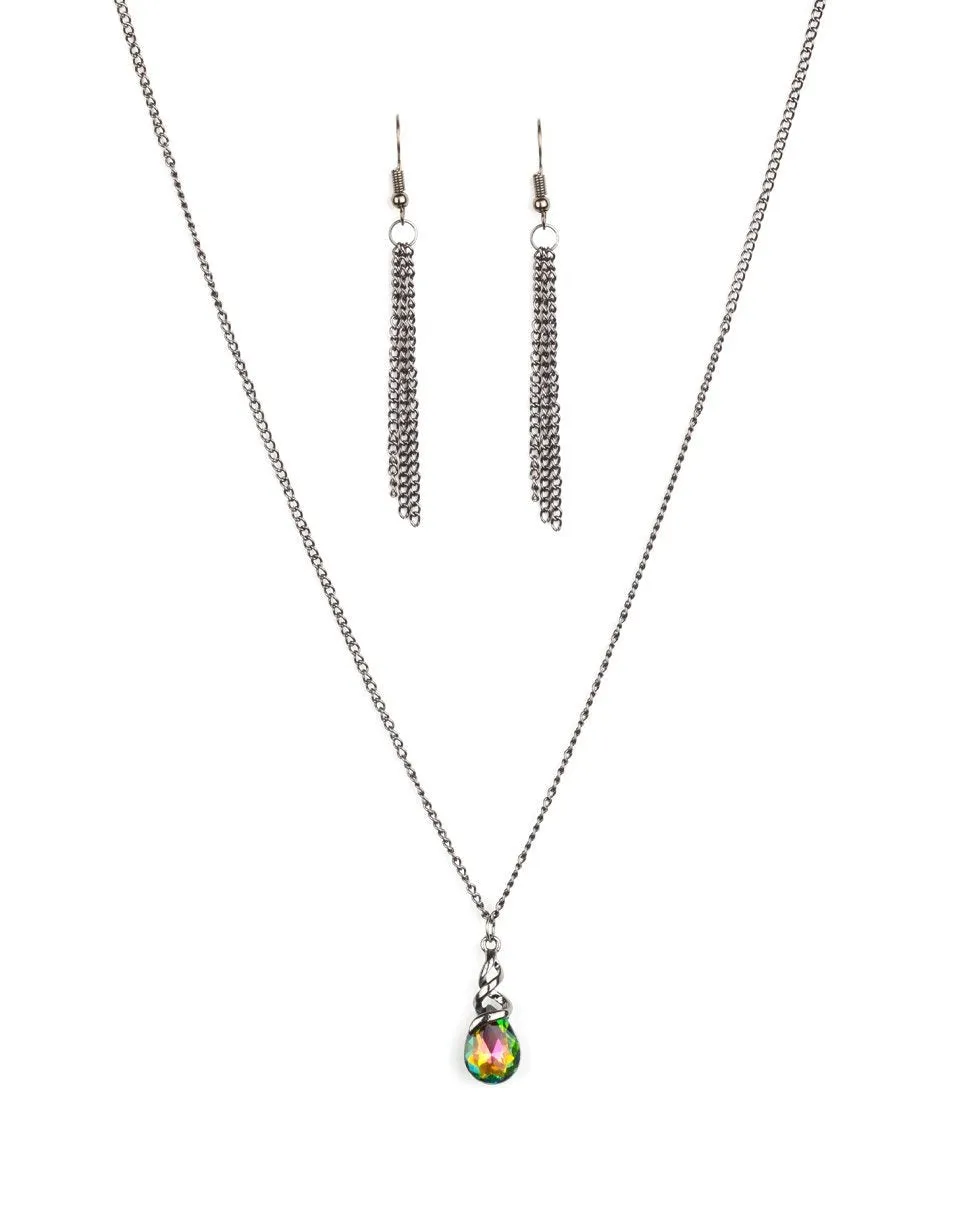 EXCLUSIVE "Timeless Trinket" Gun Metal Oil Spill Rhinestone Solitaire Necklace Set