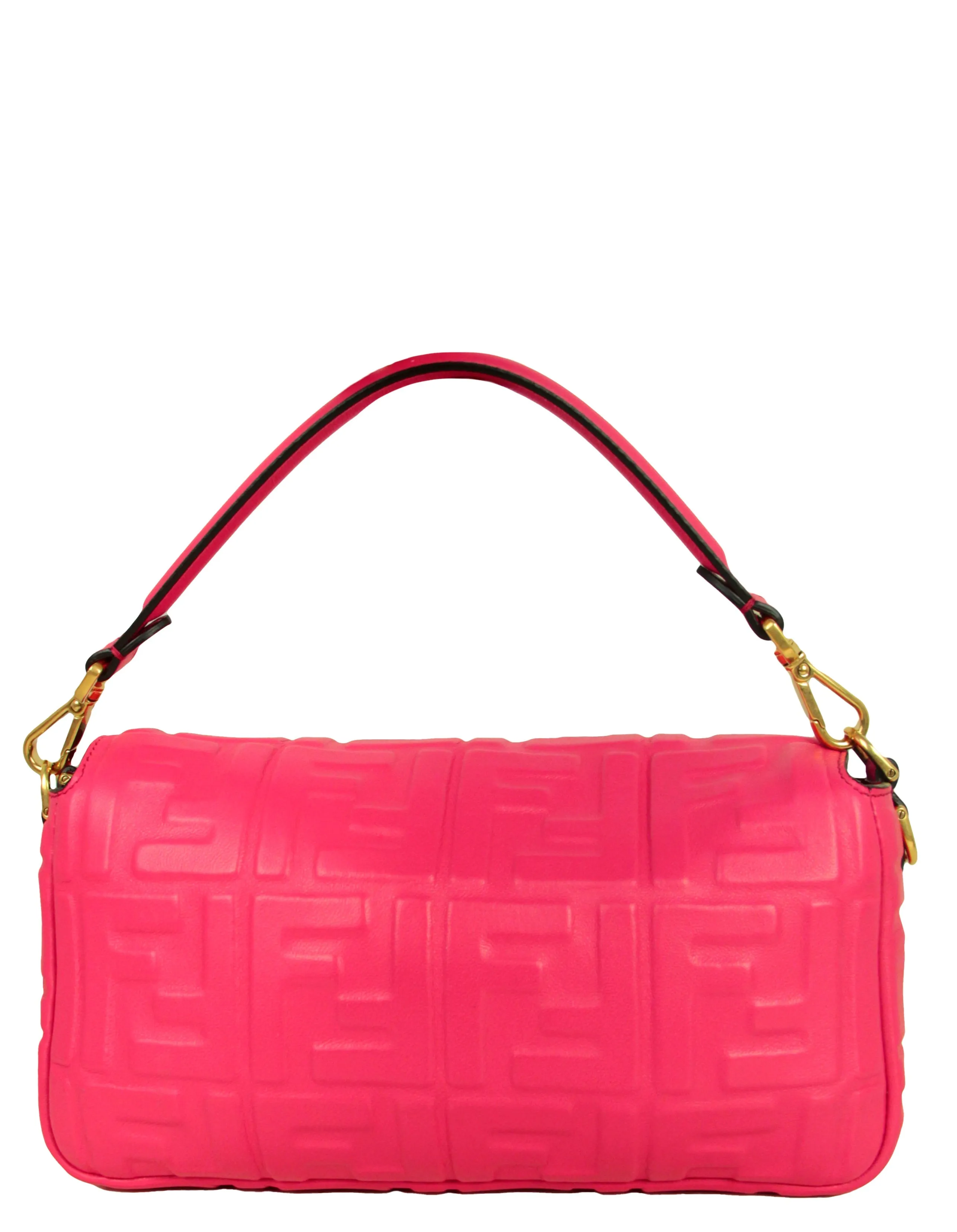 Fendi Pink Nappa Embossed Logo FF 1974 Medium Baguette NM Bag w/ Two Straps