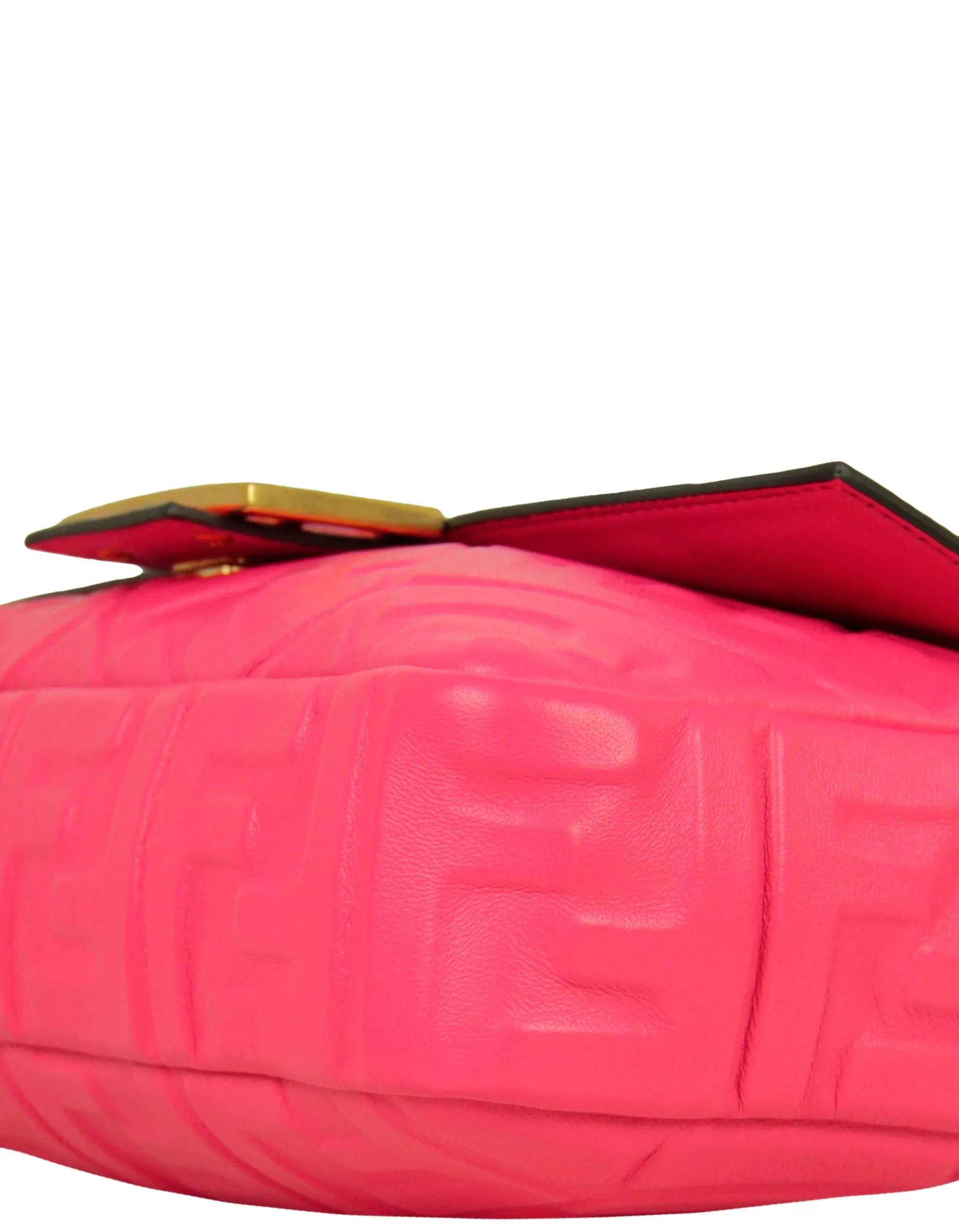 Fendi Pink Nappa Embossed Logo FF 1974 Medium Baguette NM Bag w/ Two Straps