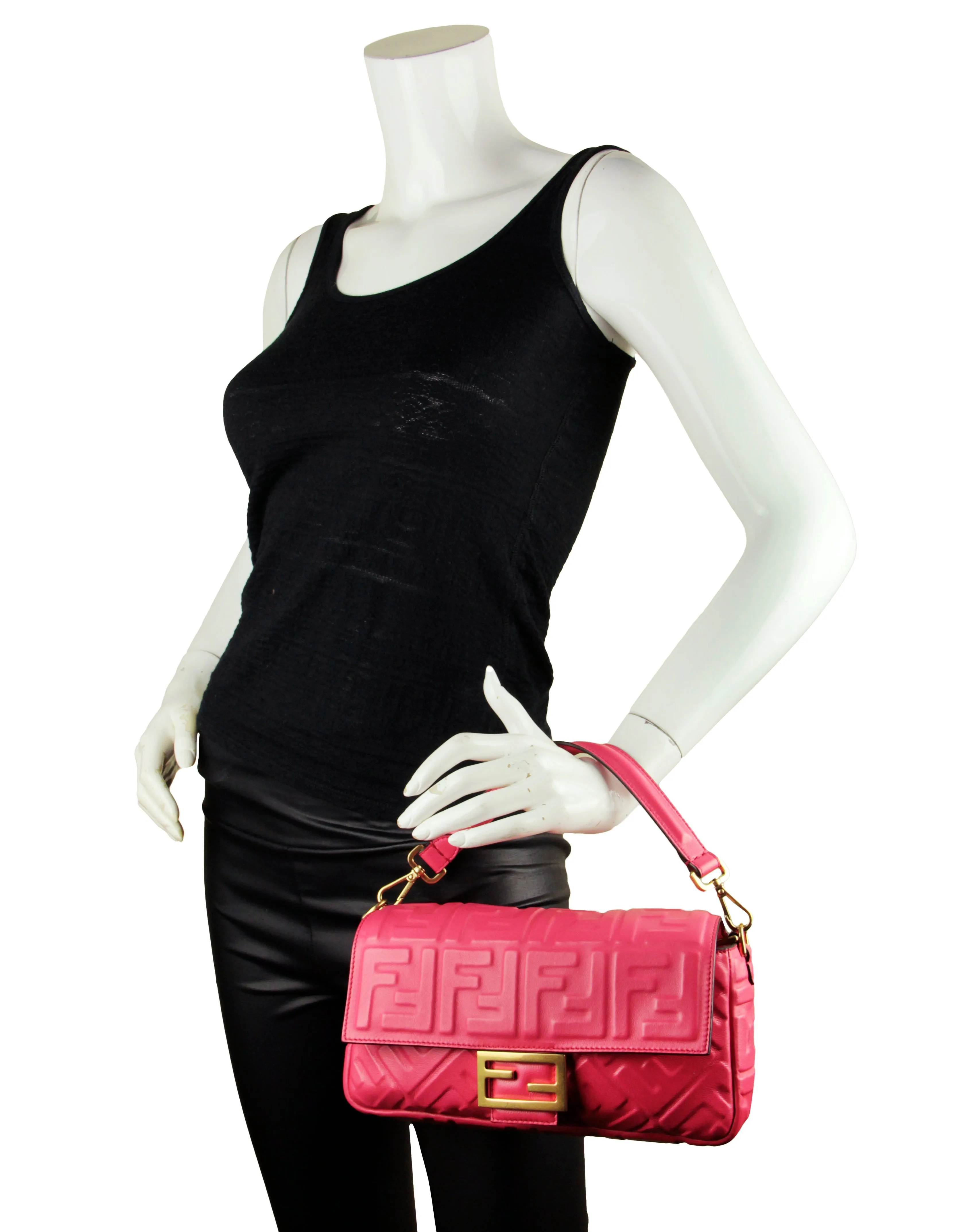 Fendi Pink Nappa Embossed Logo FF 1974 Medium Baguette NM Bag w/ Two Straps