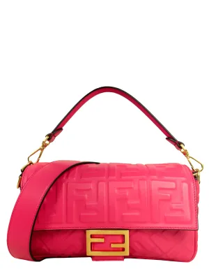 Fendi Pink Nappa Embossed Logo FF 1974 Medium Baguette NM Bag w/ Two Straps