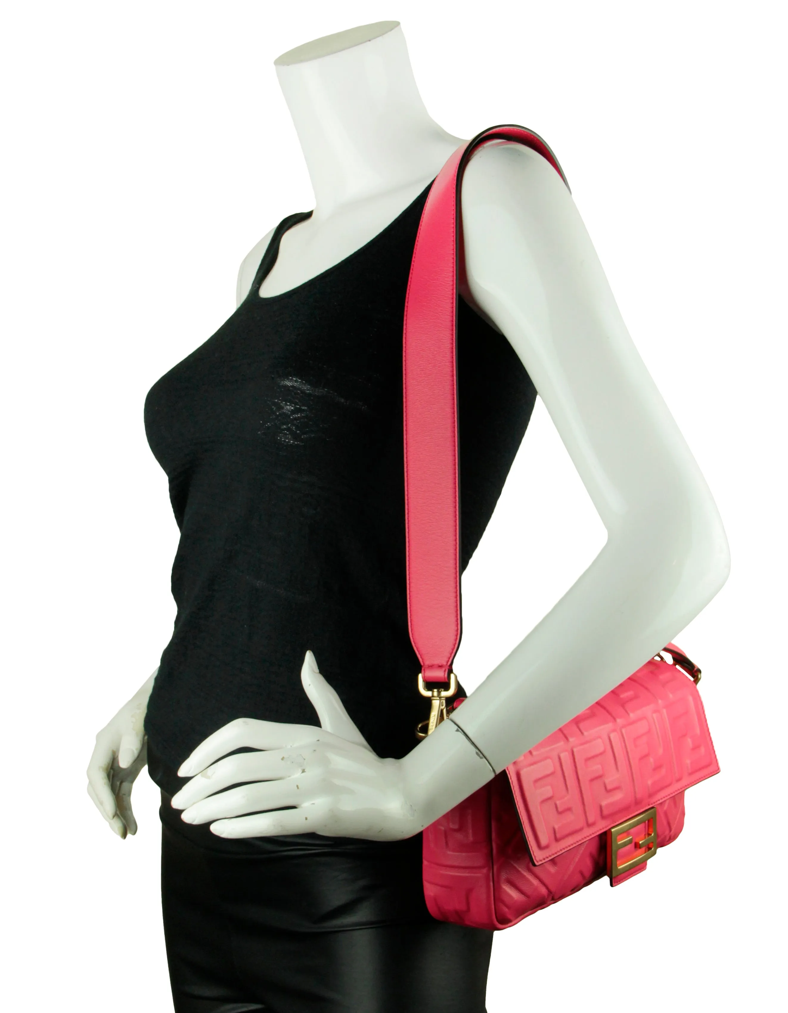 Fendi Pink Nappa Embossed Logo FF 1974 Medium Baguette NM Bag w/ Two Straps