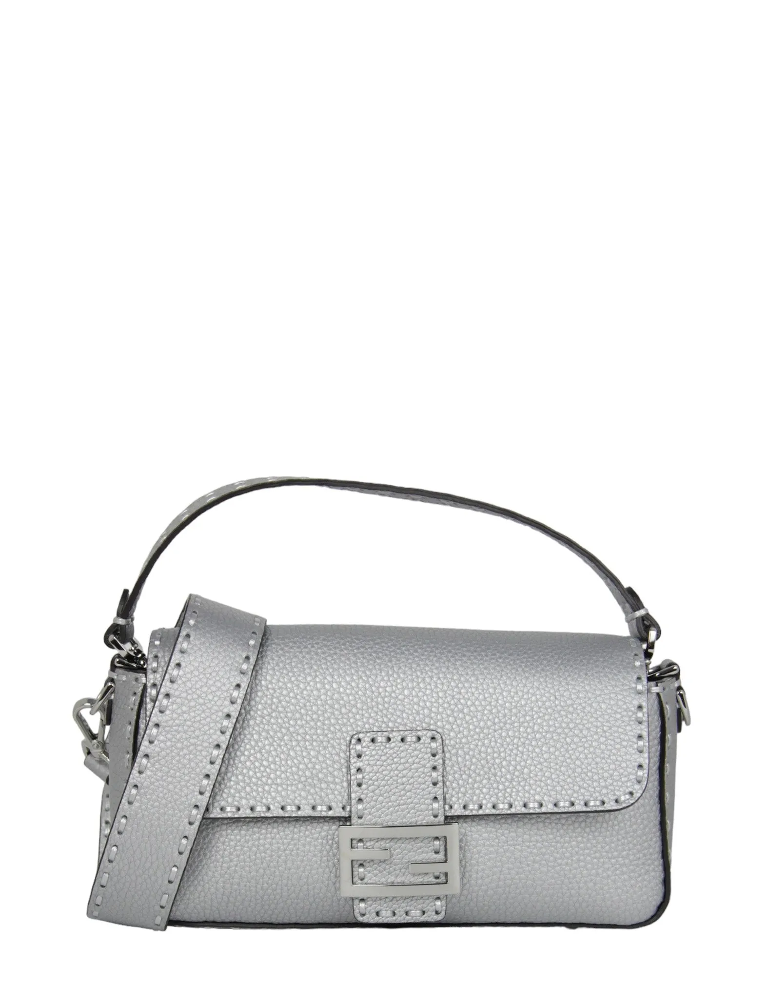 Fendi Silver Selleria Leather Baguette Bag w/ Oversized Topstitching