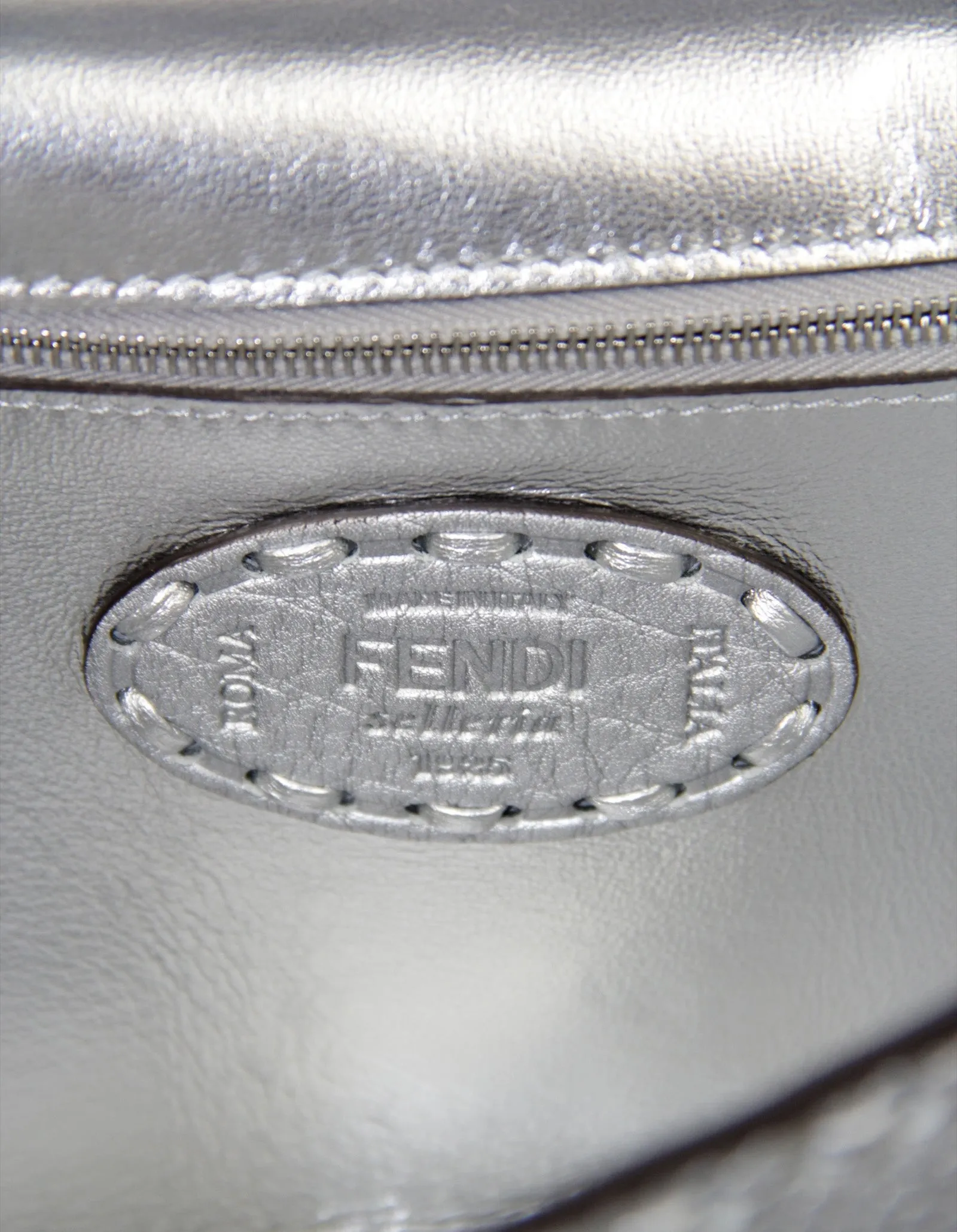 Fendi Silver Selleria Leather Baguette Bag w/ Oversized Topstitching