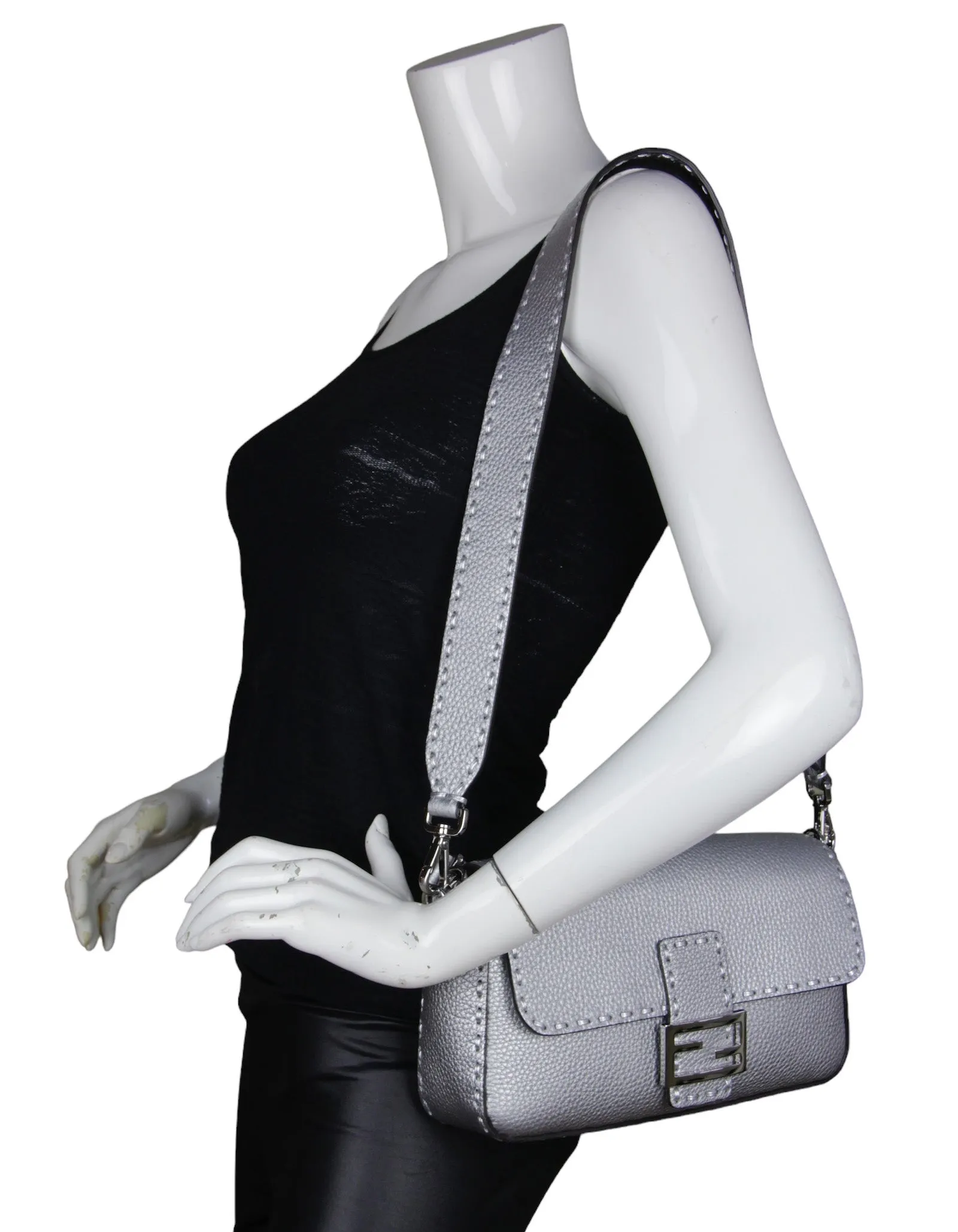 Fendi Silver Selleria Leather Baguette Bag w/ Oversized Topstitching