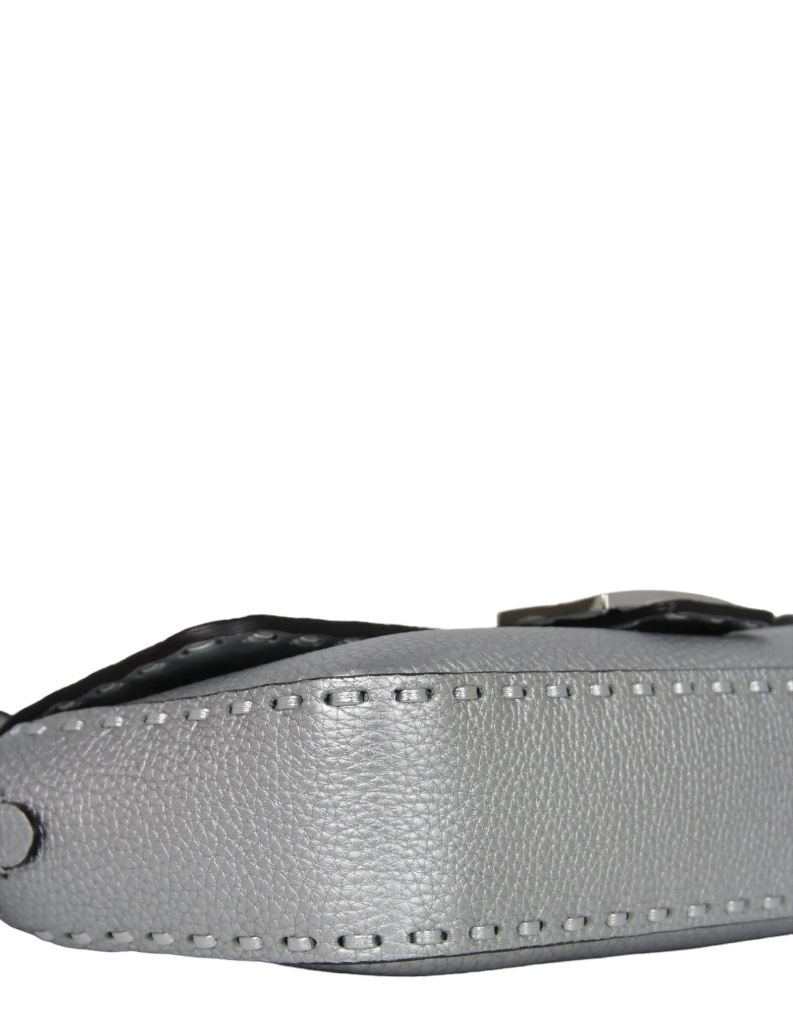 Fendi Silver Selleria Leather Baguette Bag w/ Oversized Topstitching