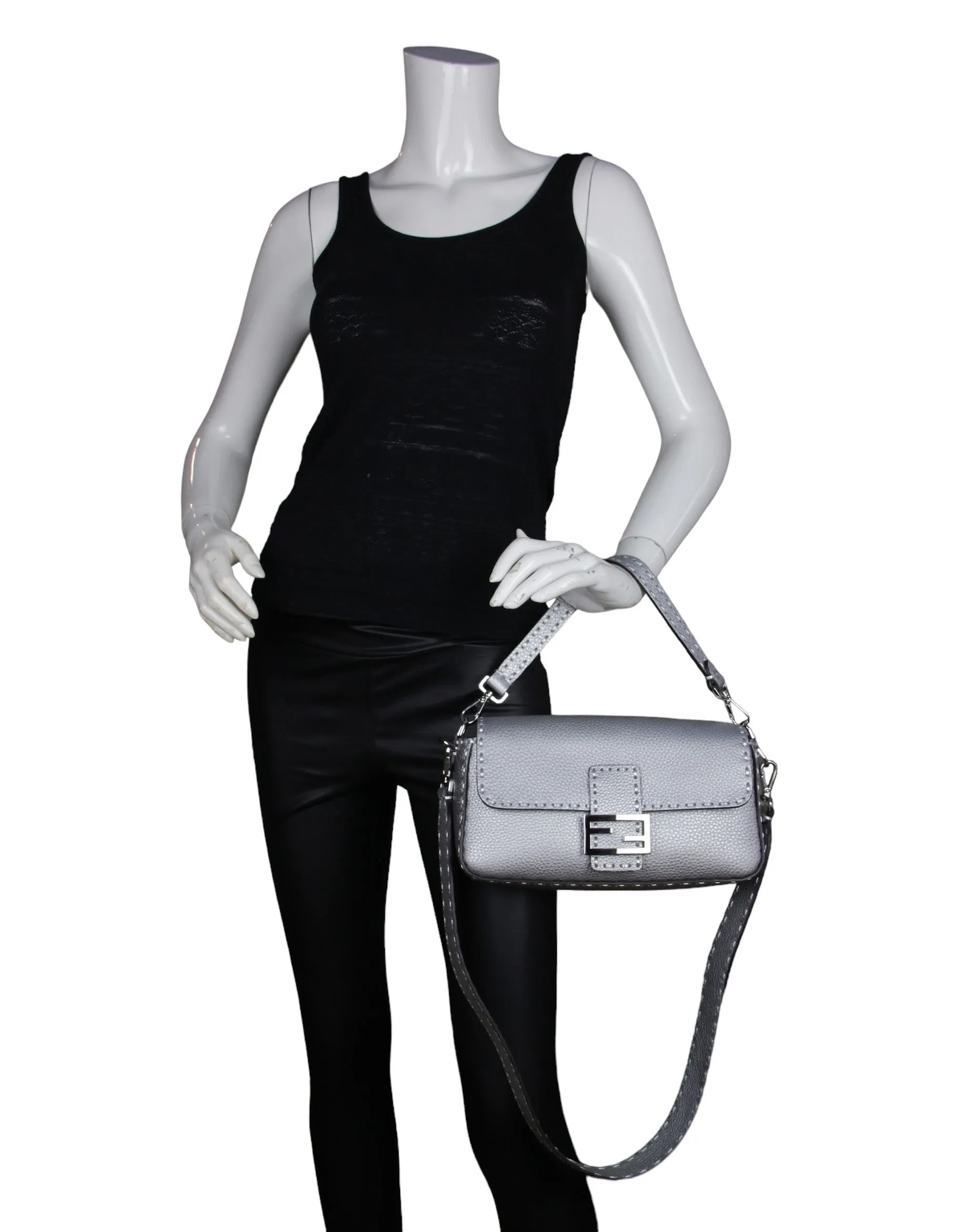 Fendi Silver Selleria Leather Baguette Bag w/ Oversized Topstitching