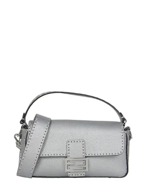Fendi Silver Selleria Leather Baguette Bag w/ Oversized Topstitching