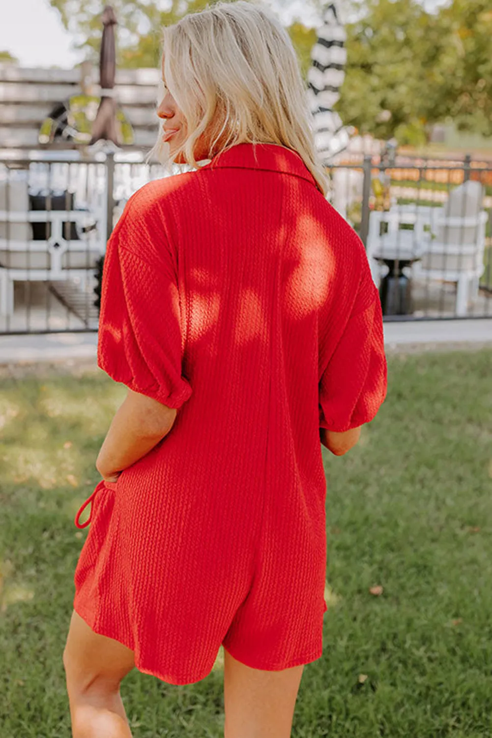Fiery Red Textured Short Sleeve Collared Hook and Eye Closure Knot Pocket Romper