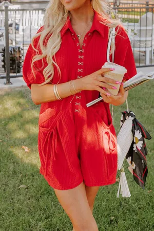 Fiery Red Textured Short Sleeve Collared Hook and Eye Closure Knot Pocket Romper