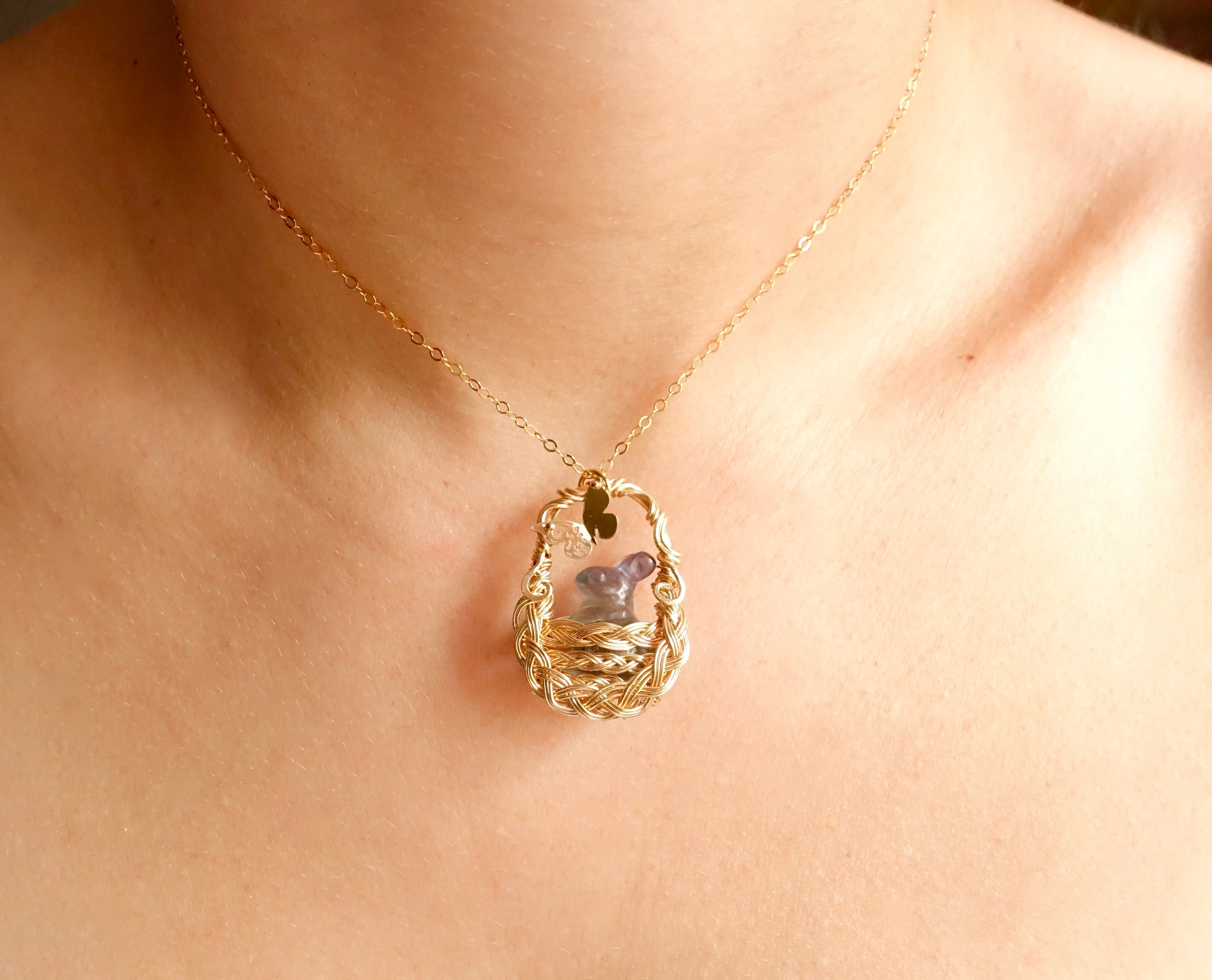 Fluorite Bunny in Gold Woven Basket