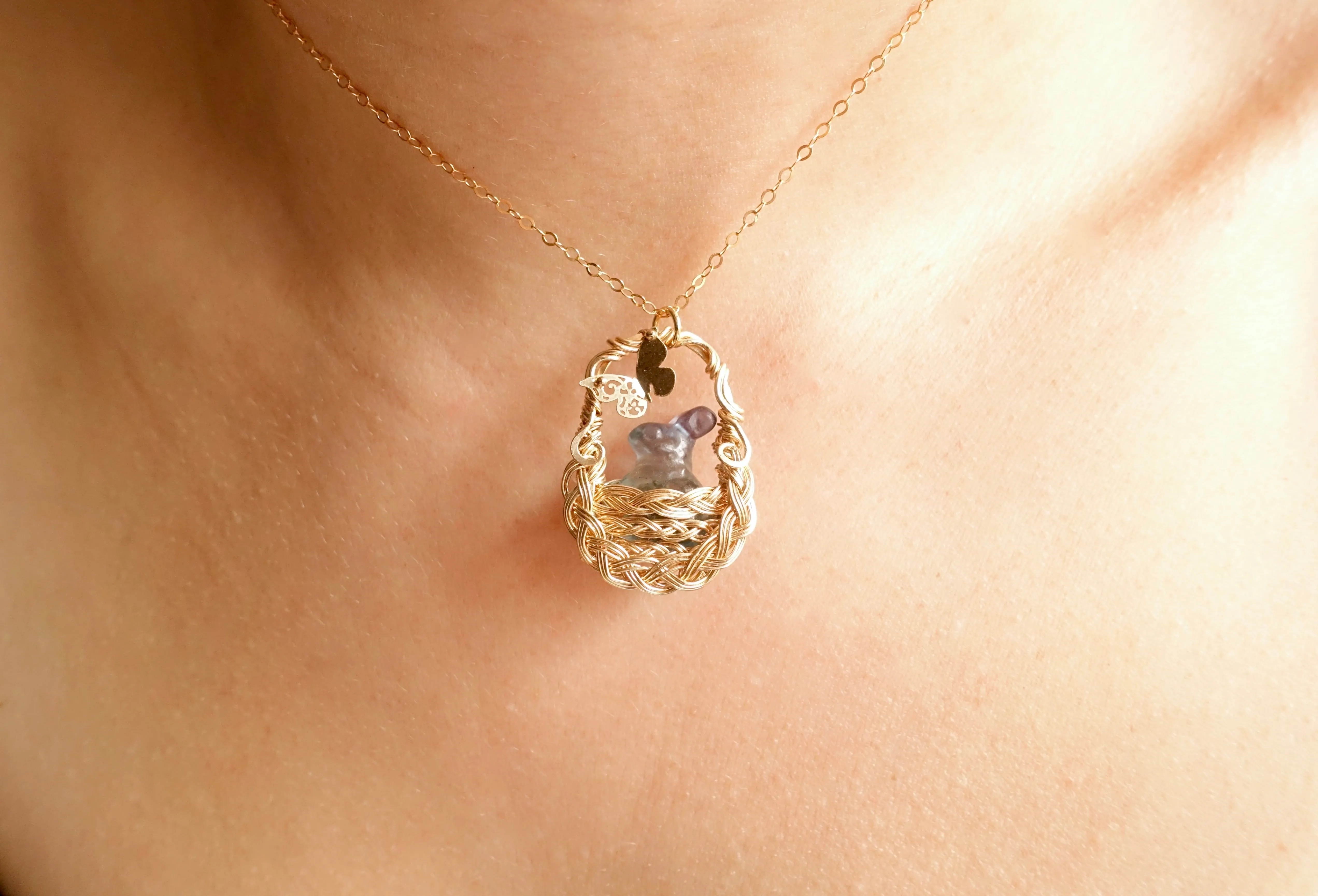 Fluorite Bunny in Gold Woven Basket