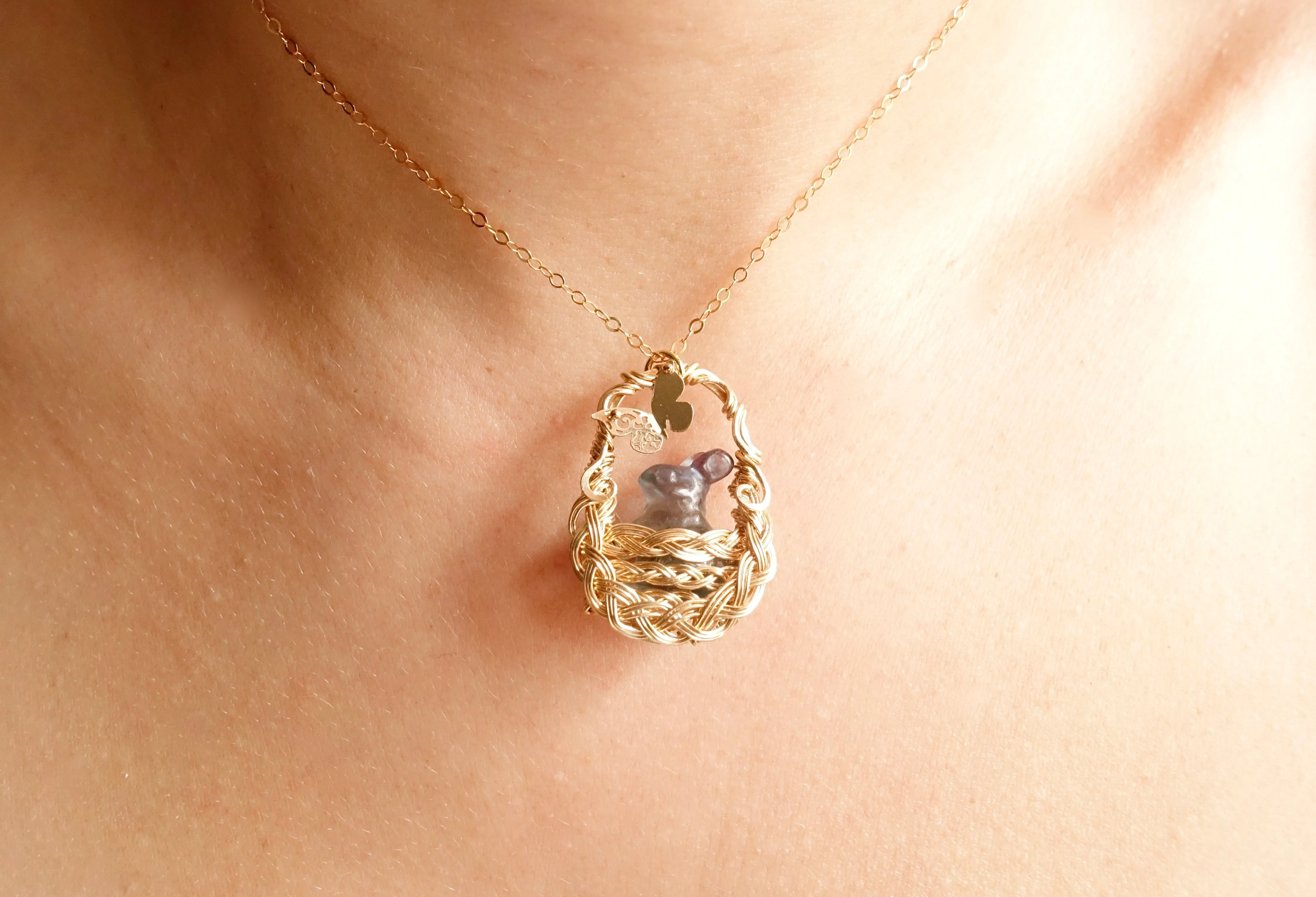 Fluorite Bunny in Gold Woven Basket