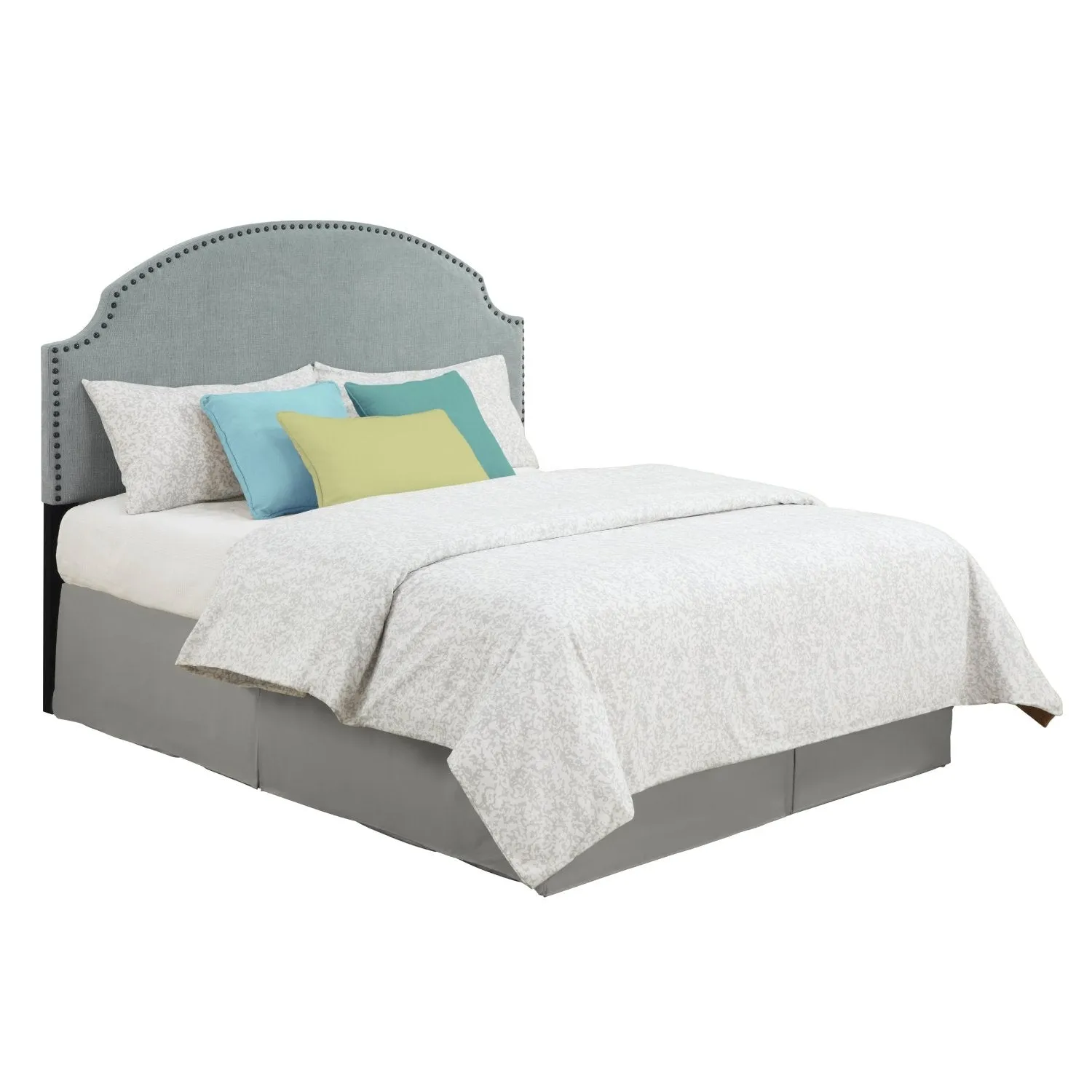 Full / Queen size Nailhead Upholstered Headboard in Soft Turquoise Linen Fabric
