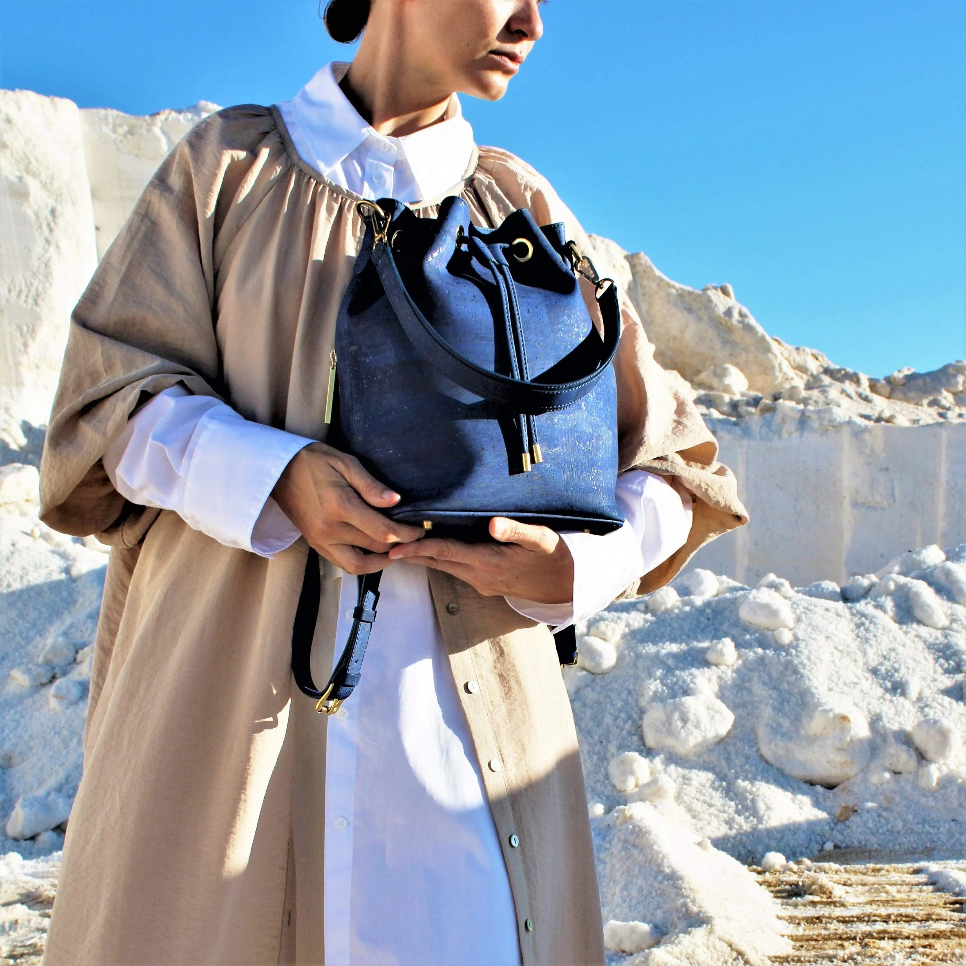 Gamma Handcrafted Cork Vegan Bucket Backpack | Navy