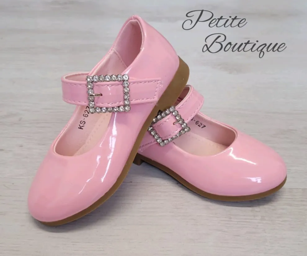 Girls pink patent diamanté buckle shoesh