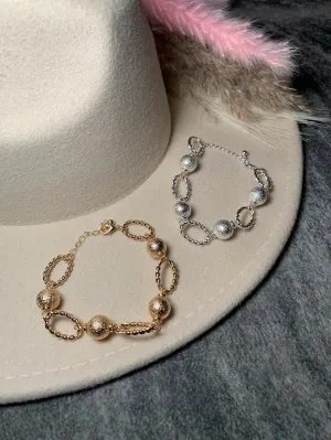 Gold Bead and Textured Oval Bracelet