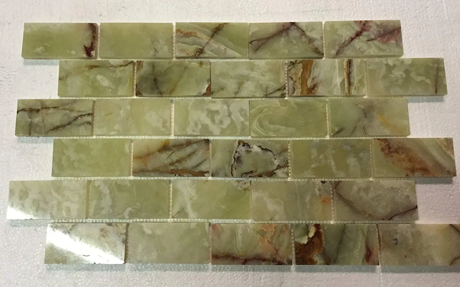 Green Onyx 2x4 Polished Mosaic Tiles on the Mesh Sheet