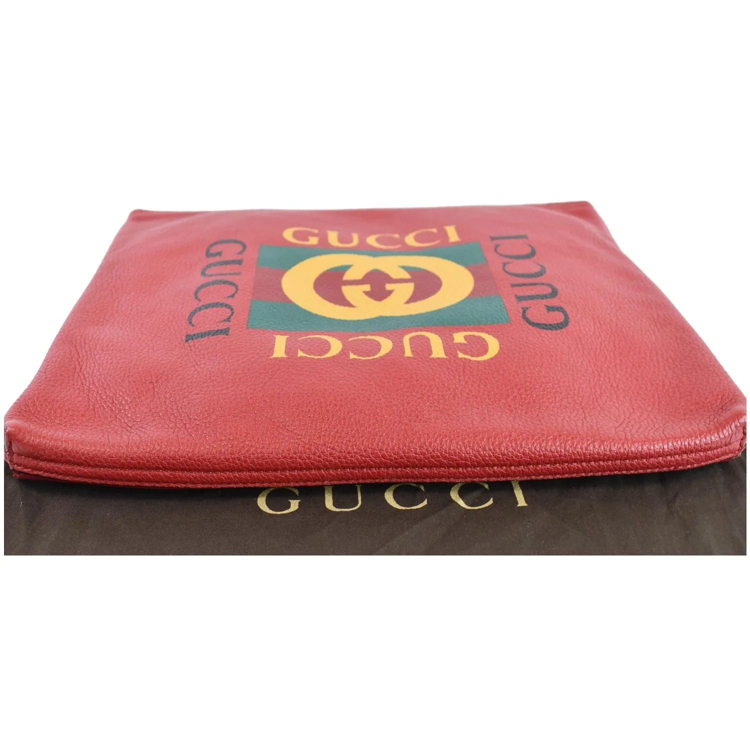 GUCCI Pebbled Leather Medium Logo Portfolio Clutch Hibiscus Red 500981