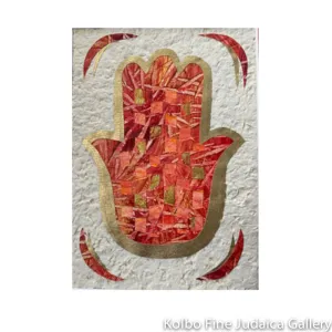 Hamsa, Hand Woven Paper, Red and Gold with Beads, Framed