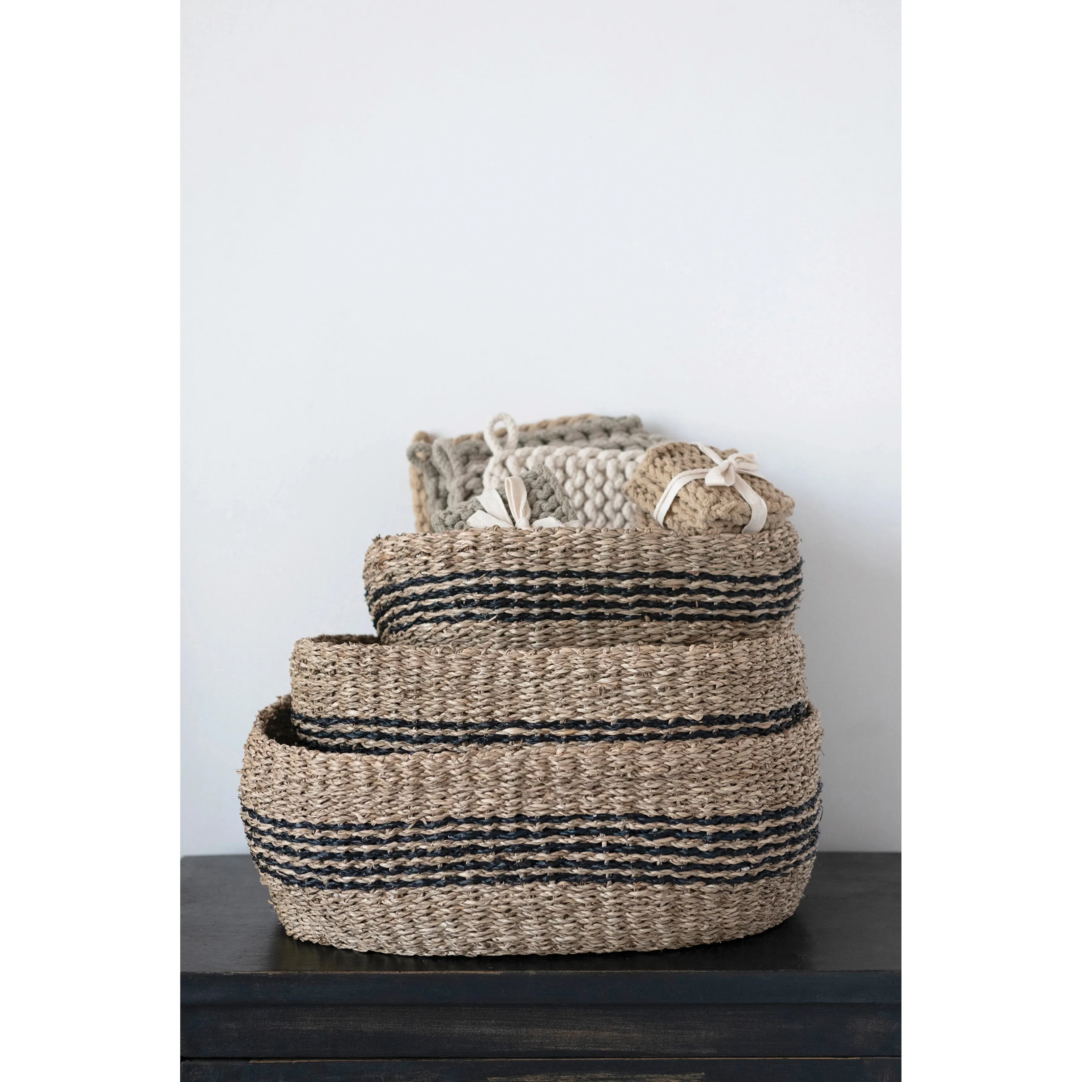 HAND WOVEN STRIPE SEAGRASS BASKET-SMALL