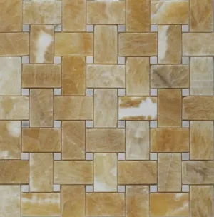 Honey Onyx Basketweave Mosaic Tile with White Marble Dots, Polished