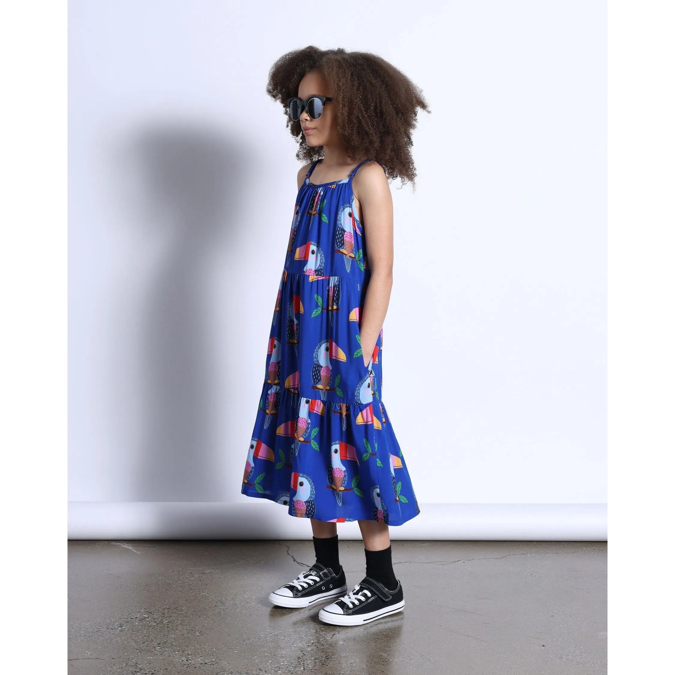 Icecream Toucan Midi Woven Dress- Cobalt