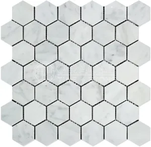 ITALIAN WHITE CARRARA 2" Polished Hexagon Mosaic Tiles - 5 Sheets