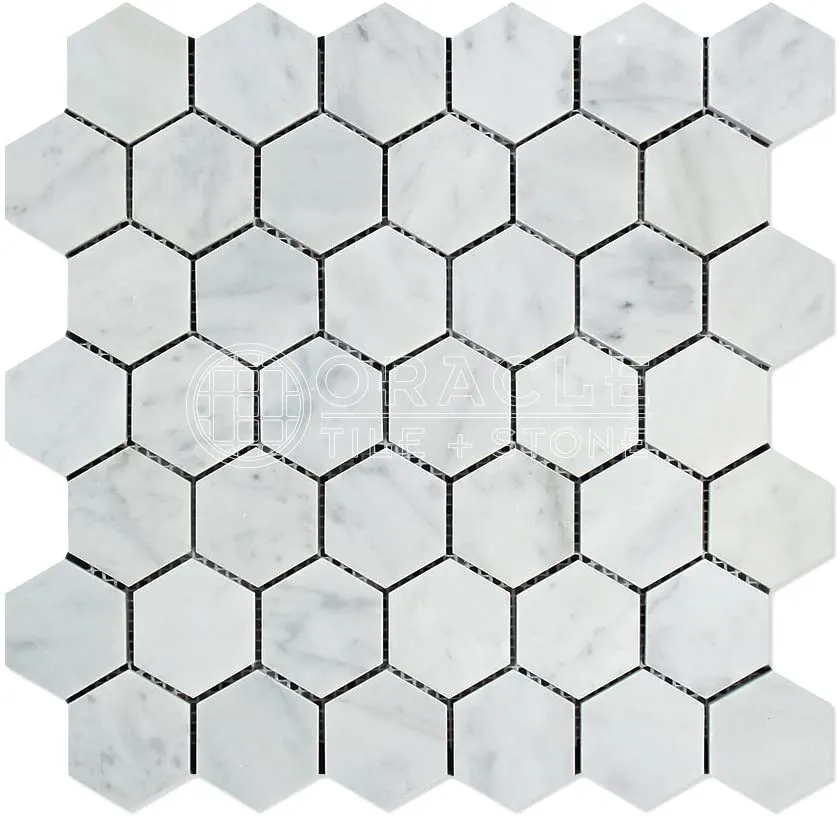 ITALIAN WHITE CARRARA 2" Polished Hexagon Mosaic Tiles - 5 Sheets