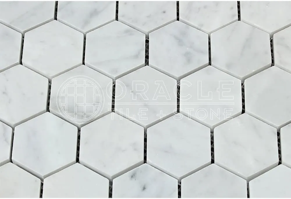 ITALIAN WHITE CARRARA 2" Polished Hexagon Mosaic Tiles - 5 Sheets