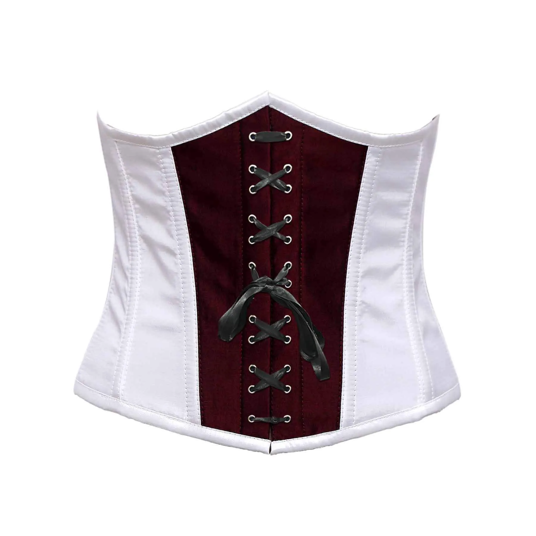 John White & Burgundy Taffeta Steel Boned Underbust Corset