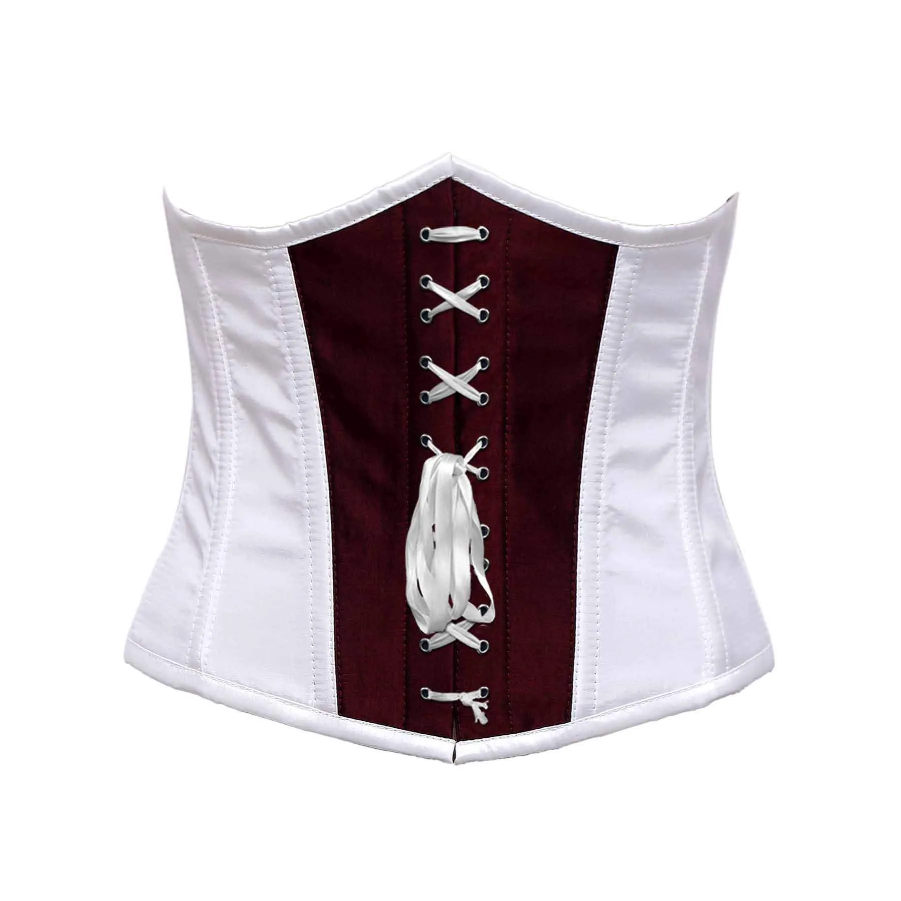 John White & Burgundy Taffeta Steel Boned Underbust Corset