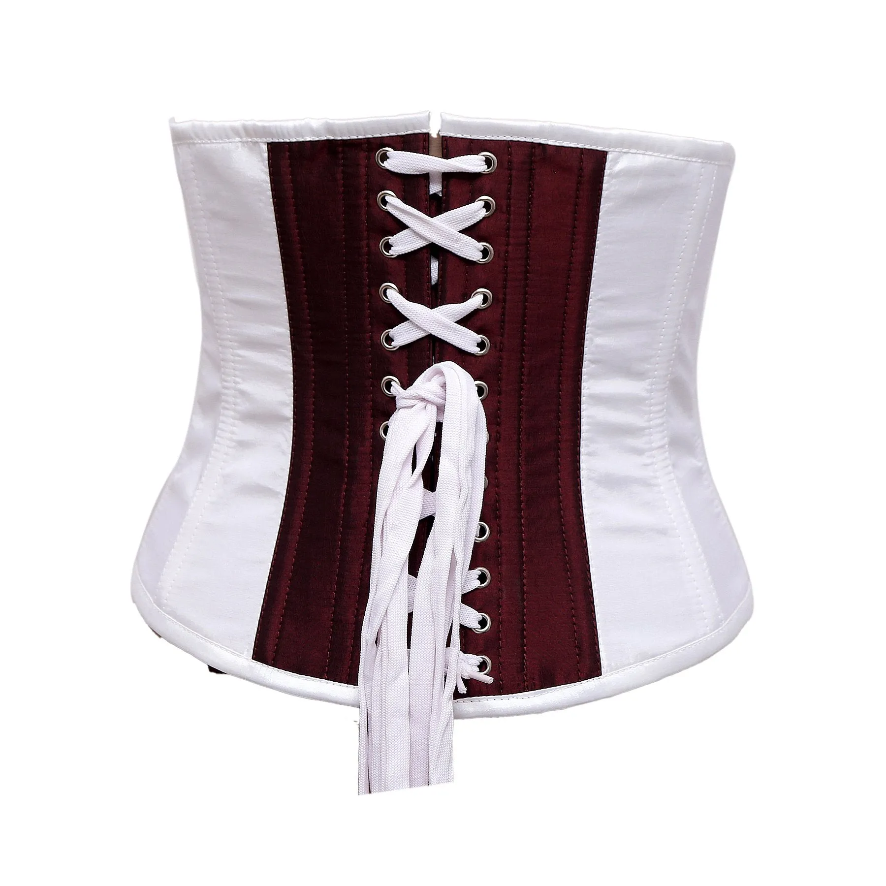 John White & Burgundy Taffeta Steel Boned Underbust Corset