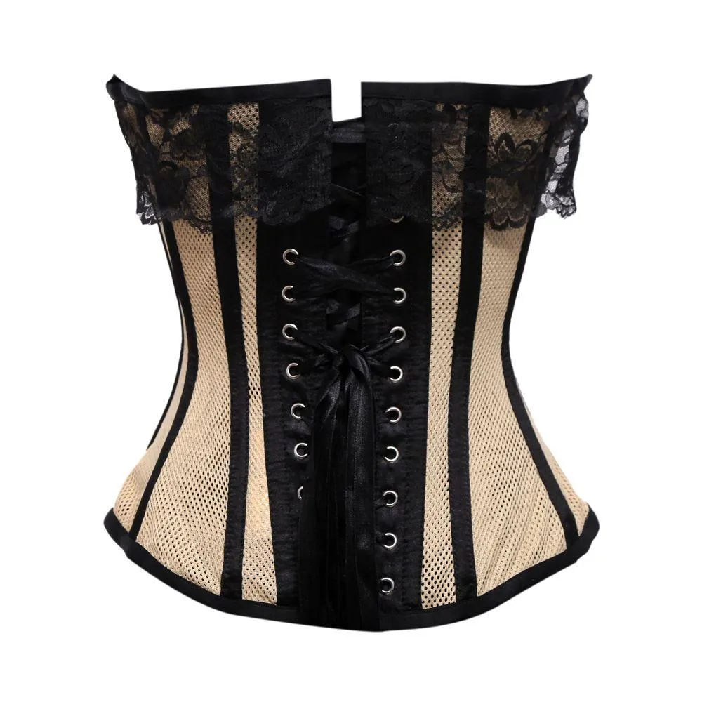 Kavil Beige Mesh & Black Satin Lace Overbust Corset