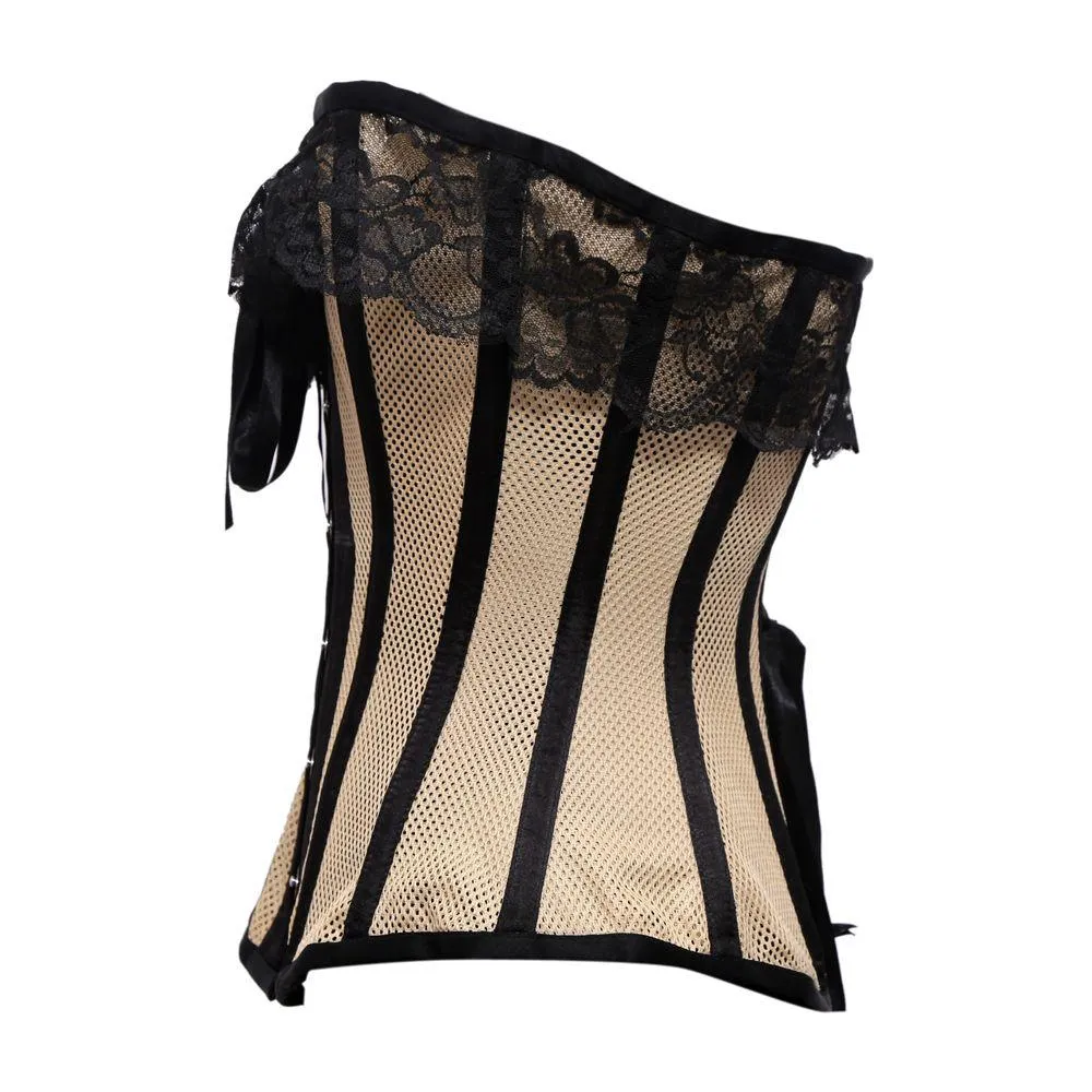 Kavil Beige Mesh & Black Satin Lace Overbust Corset
