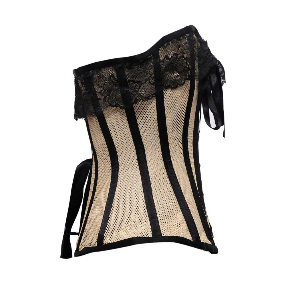 Kavil Beige Mesh & Black Satin Lace Overbust Corset