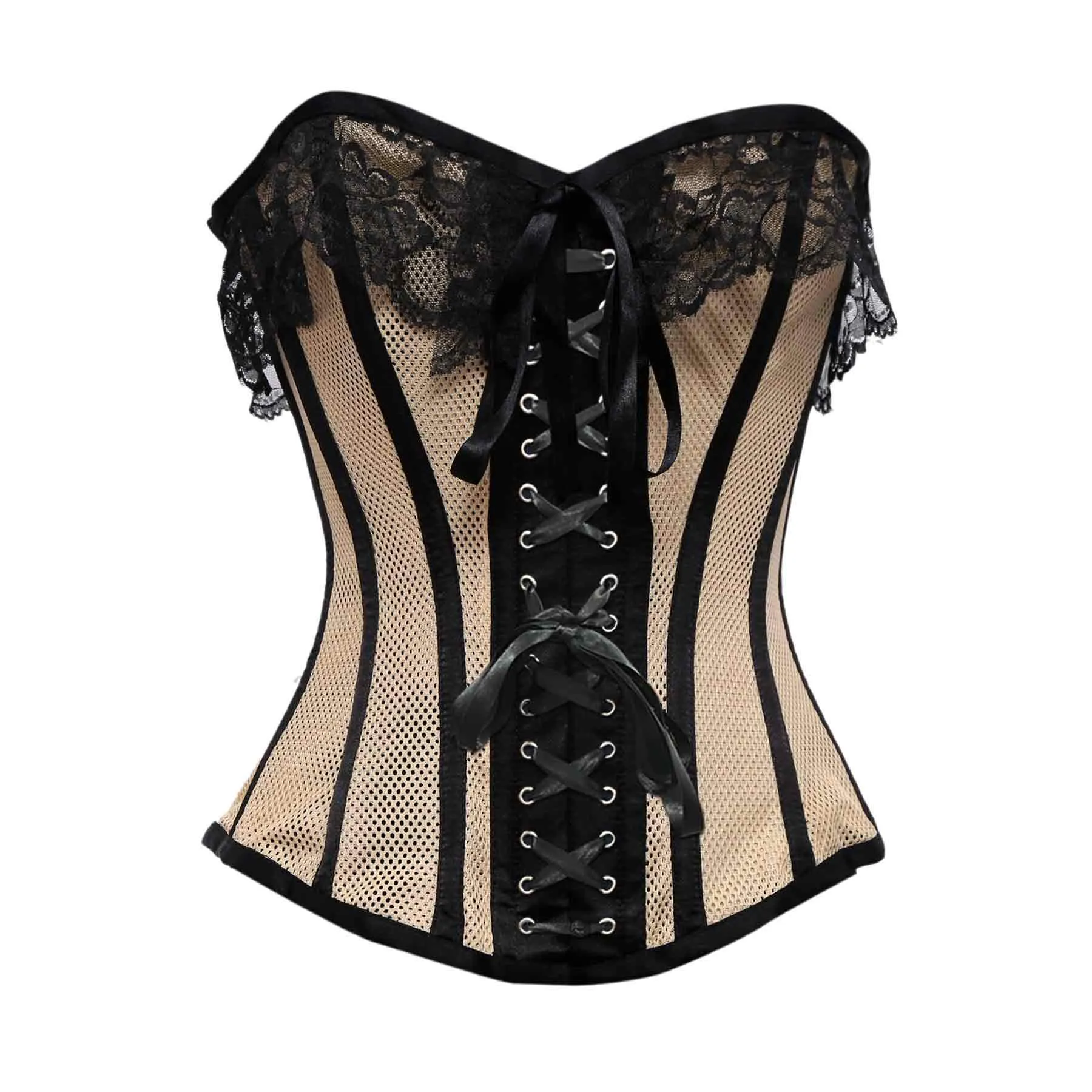Kavil Beige Mesh & Black Satin Lace Overbust Corset