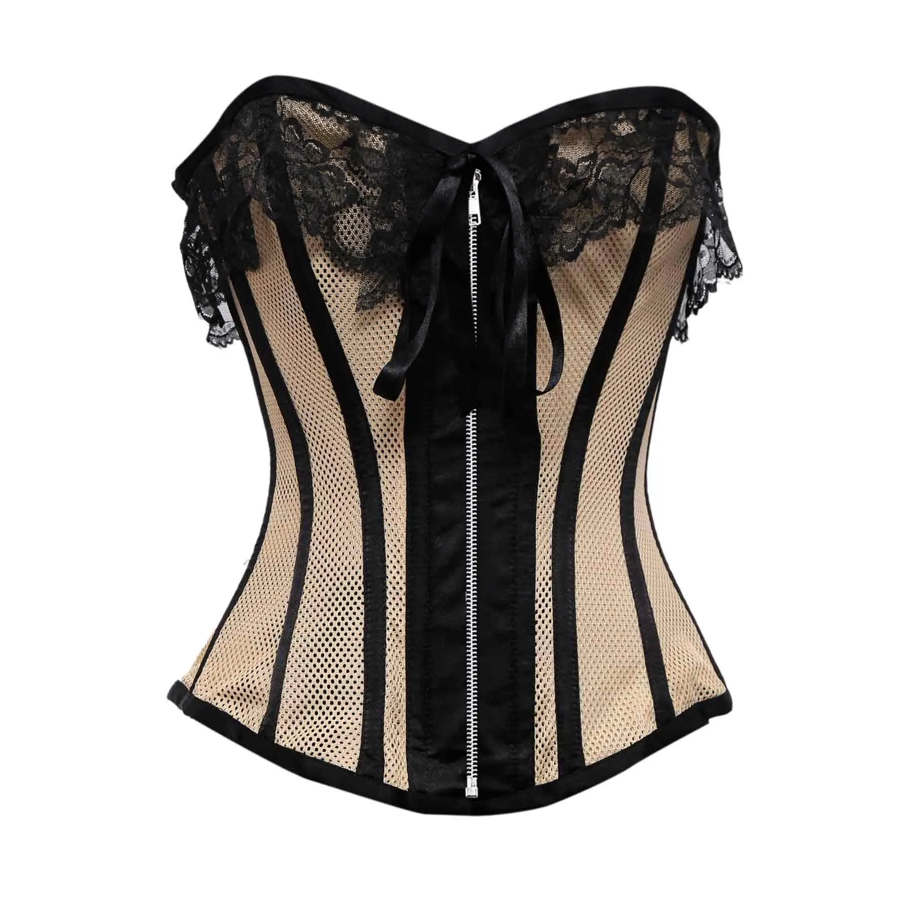 Kavil Beige Mesh & Black Satin Lace Overbust Corset