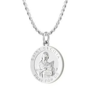 Ladies 925 Sterling Silver 18.5mm Polished Saint Cecilia Medal Pendant Necklace
