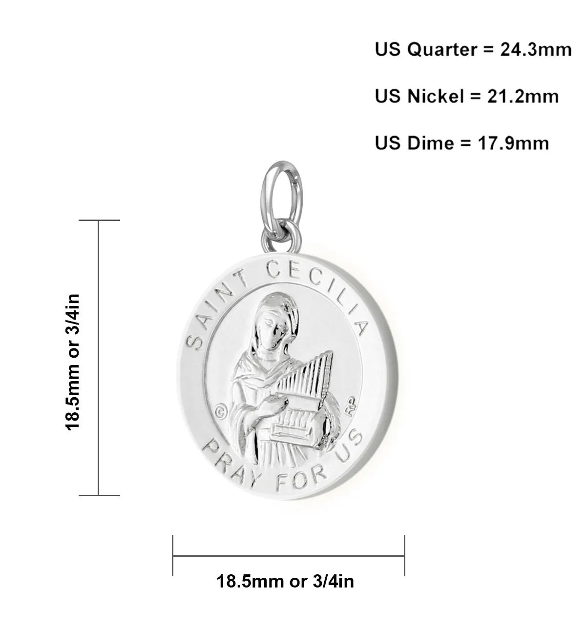 Ladies 925 Sterling Silver 18.5mm Polished Saint Cecilia Medal Pendant Necklace