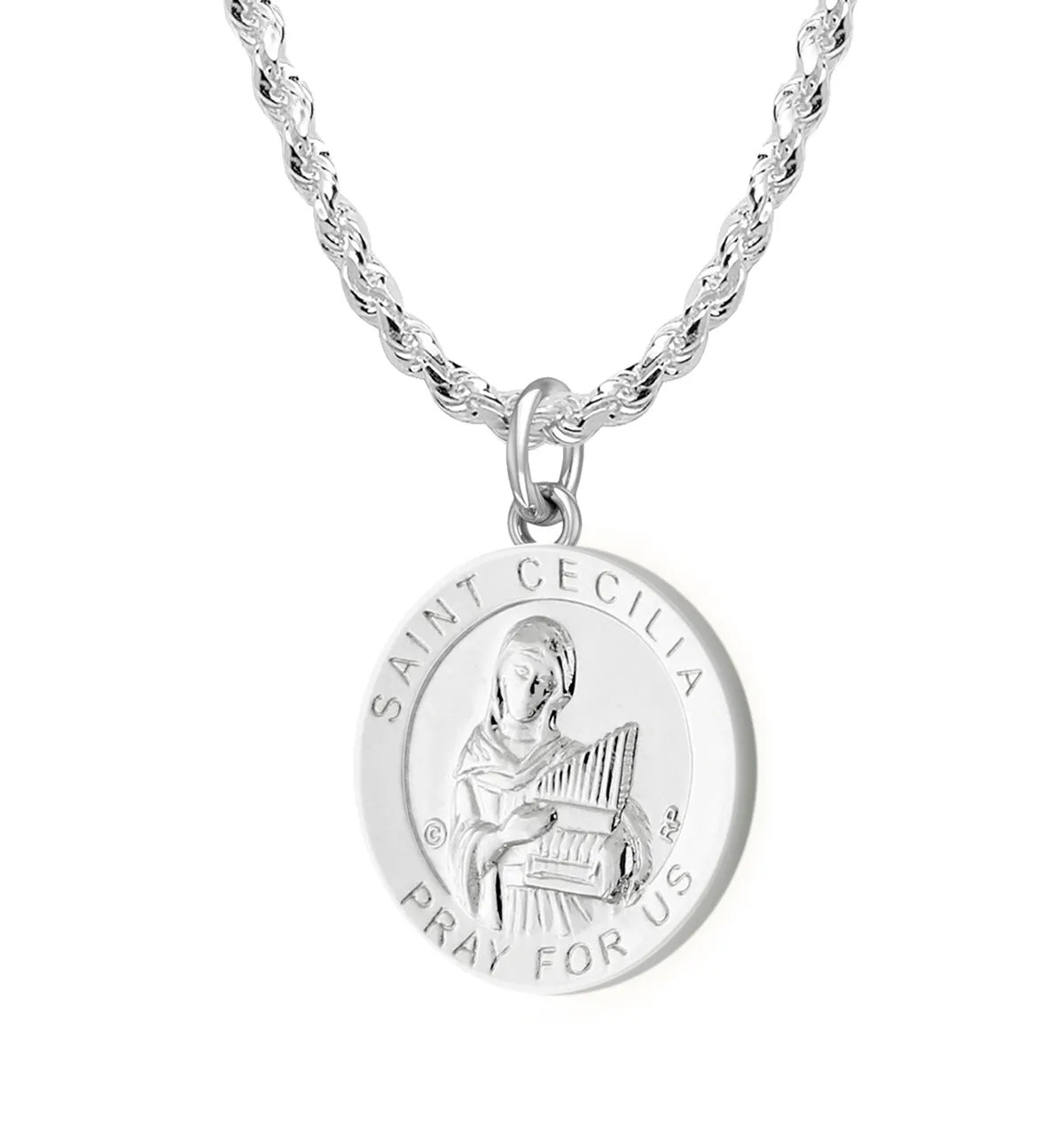 Ladies 925 Sterling Silver 18.5mm Polished Saint Cecilia Medal Pendant Necklace