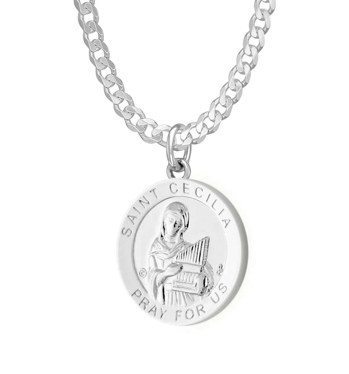 Ladies 925 Sterling Silver 18.5mm Polished Saint Cecilia Medal Pendant Necklace